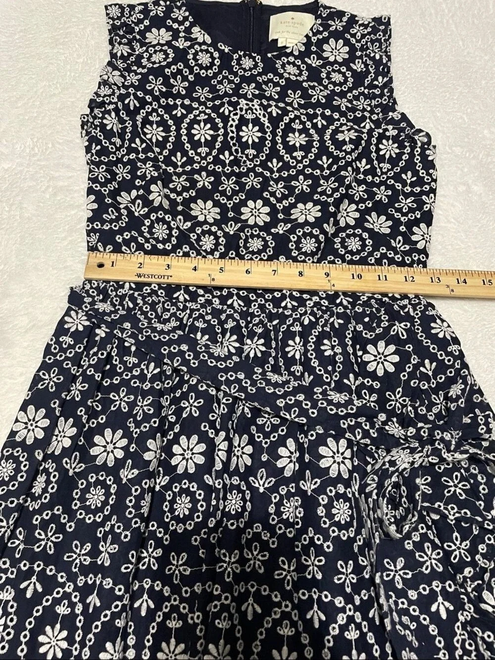 Kate Spade New York Sleeveless Navy and White Floral Eyelet Pattern Dress Sz 0